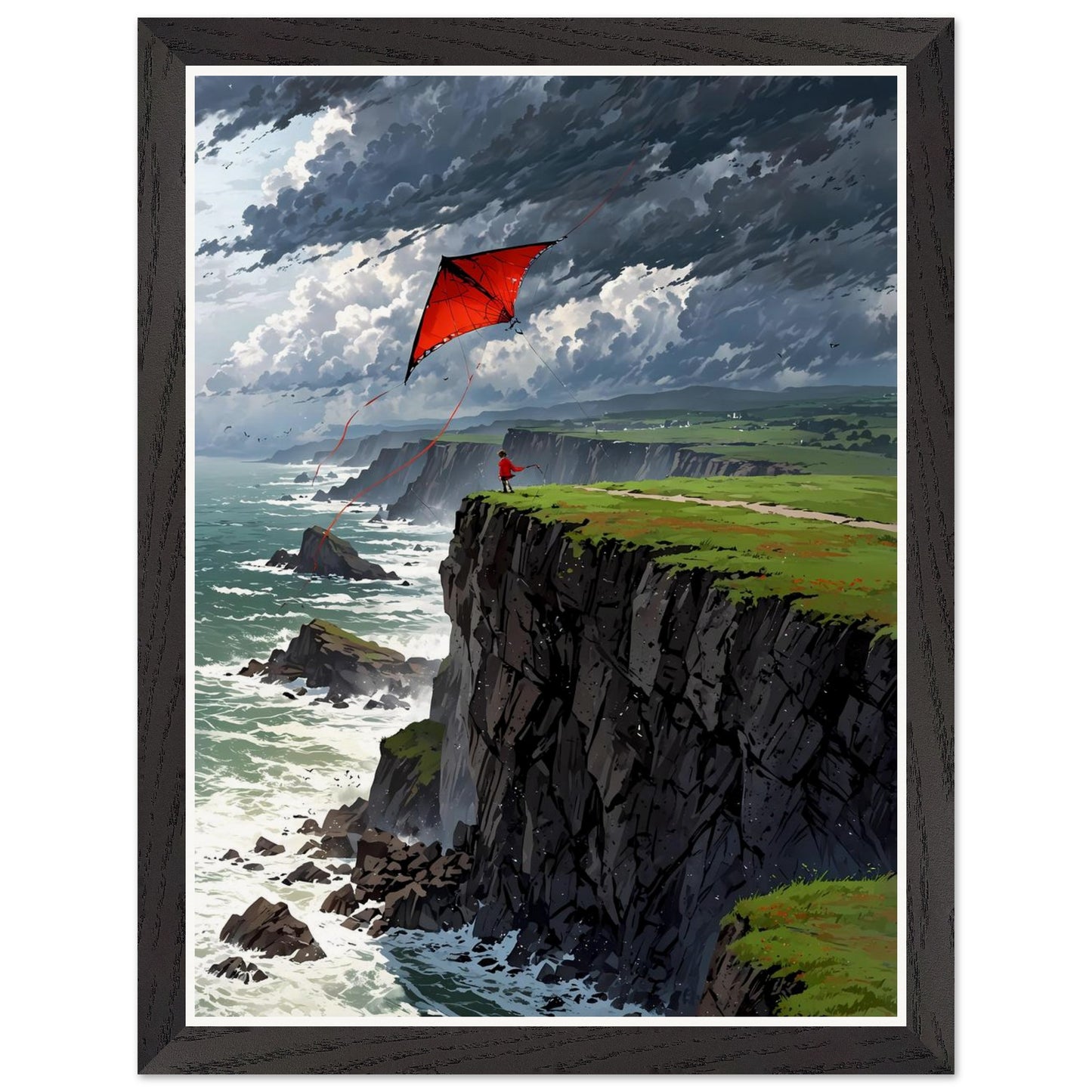 Affiche illustrée Enfant et cerf-volant Encadrée — poster rétro, impression beaux-arts 250g