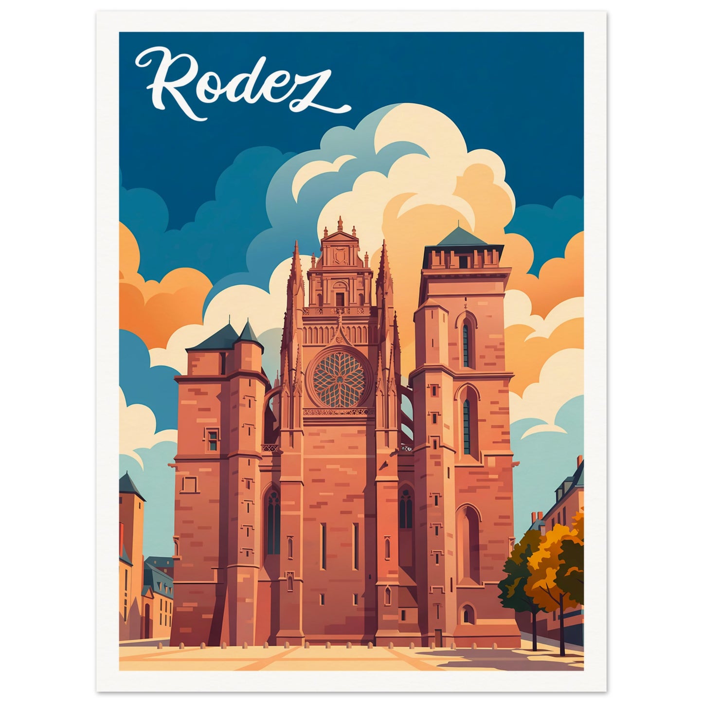 Affiche illustrée Rodez — poster rétro, impression beaux-arts 250g