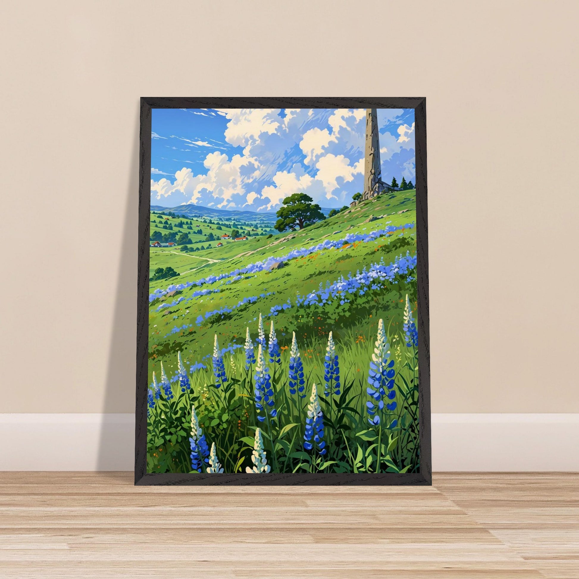 Affiche Champ de Lupin Bleu et Violet encadrée, cadre bois (vue 4)