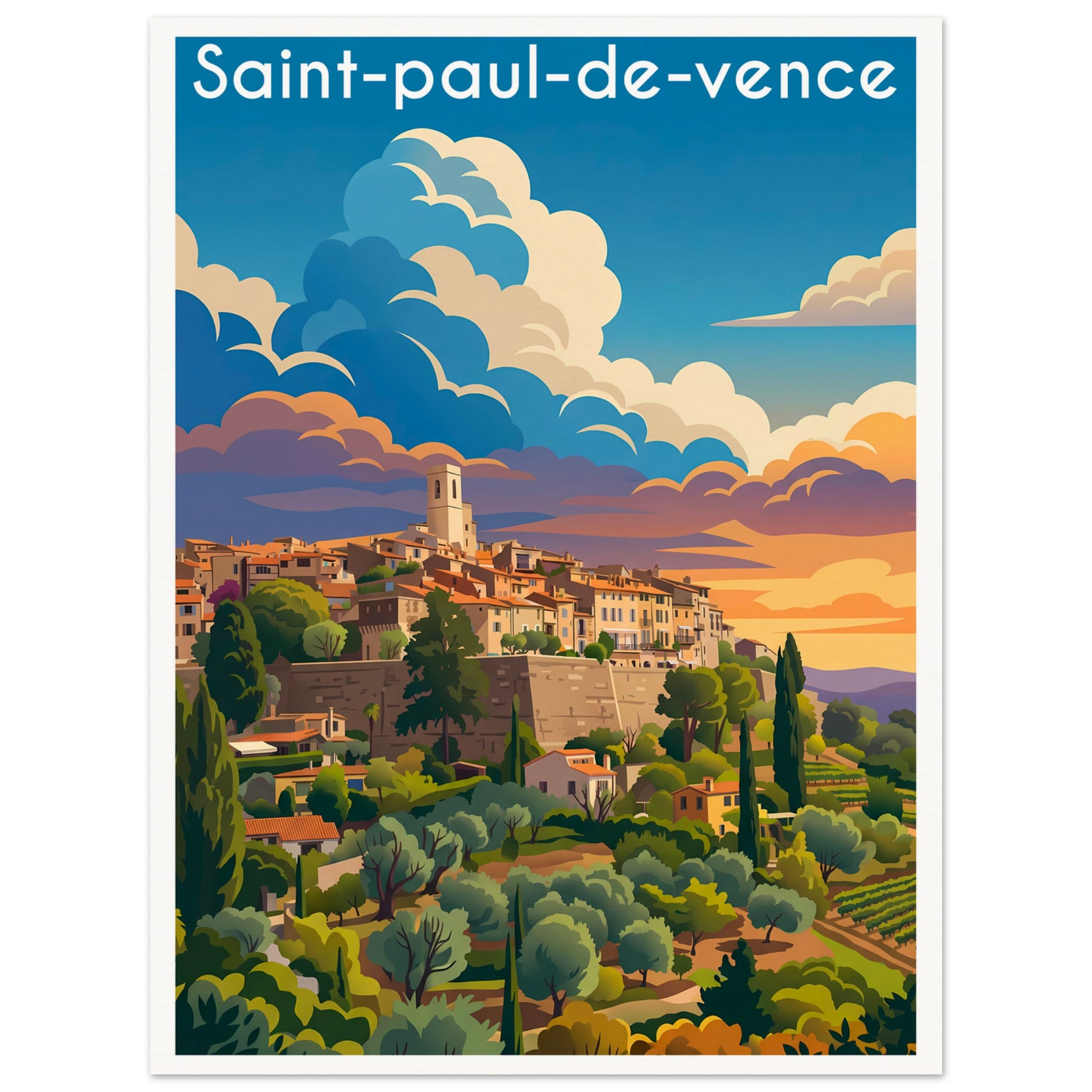 Affiche illustrée Saint Paul de Vence — poster rétro, impression beaux-arts 250g