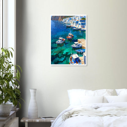 Plage de Grèce, Bateaux de pêche blancs et bleus, Chaleur de midi – affiche d'art décoratif, poster mural | Muchimura