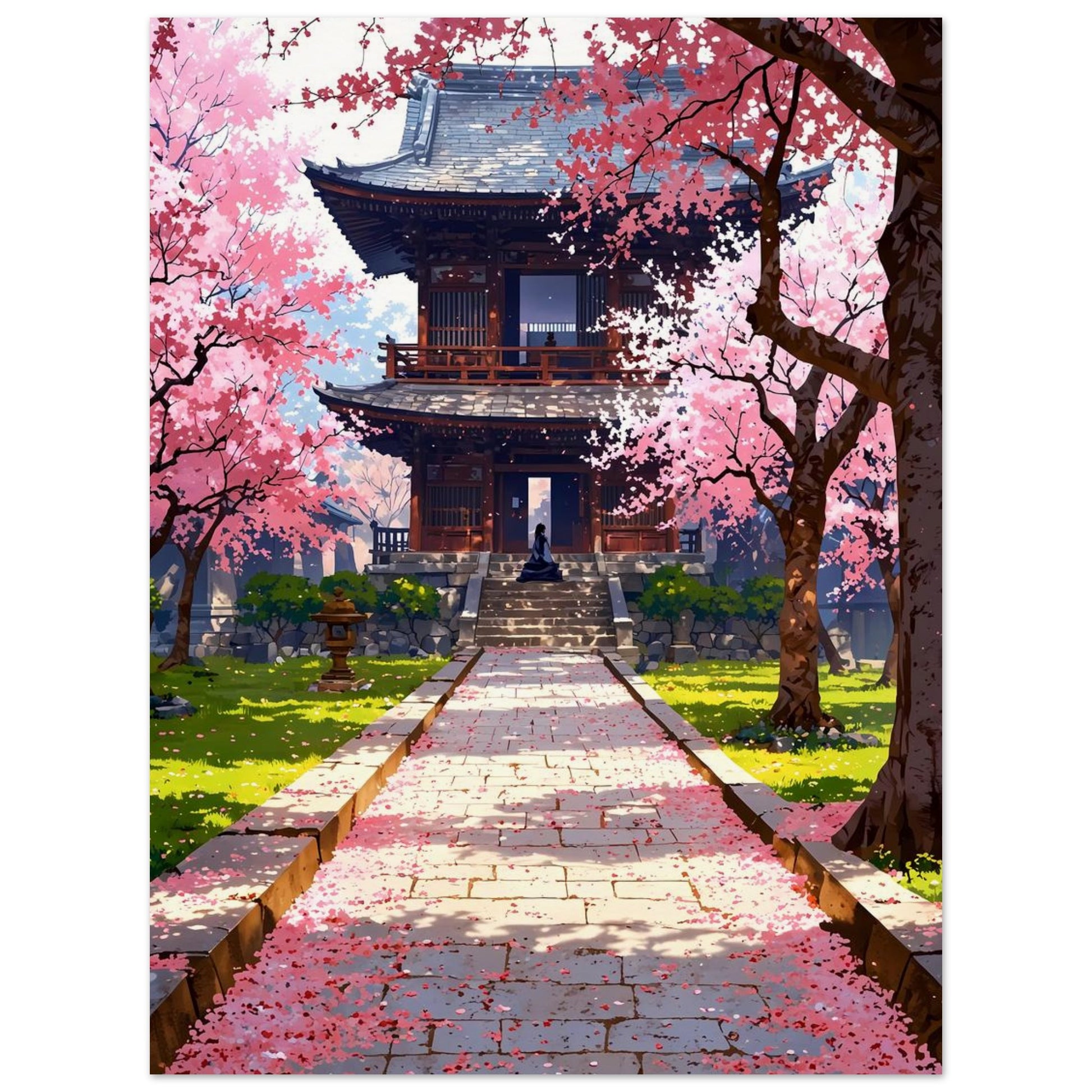 Affiche illustrée Prairie de fleurs de cerisier tombées — poster rétro, impression beaux-arts 250g