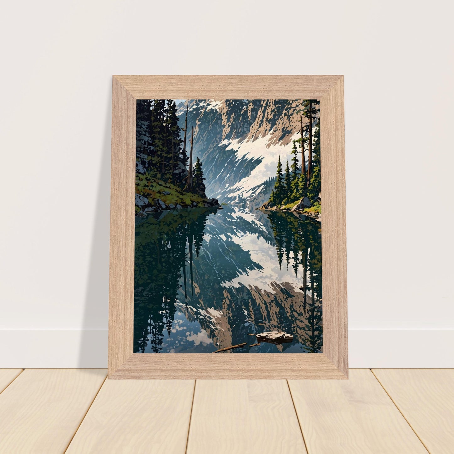 Affiche Forêt de Pins et Lac de Montagne encadrée, cadre bois
