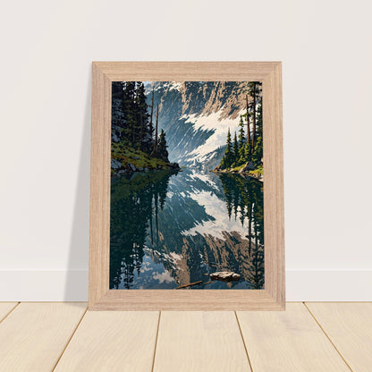 Affiche Forêt de Pins et Lac de Montagne encadrée, cadre bois