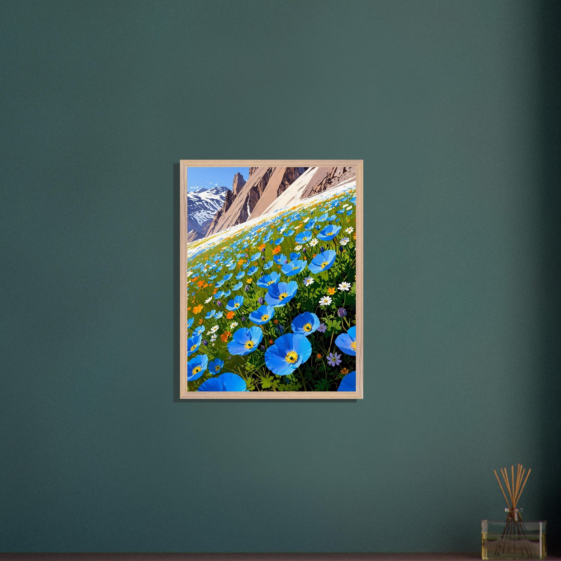 Affiche Champ de pavots bleus de l'Himalaya Encadrée encadrée, cadre bois (vue 3)