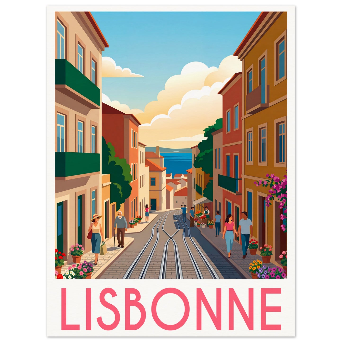 Affiche illustrée Lisbonne — poster rétro, impression beaux-arts 250g