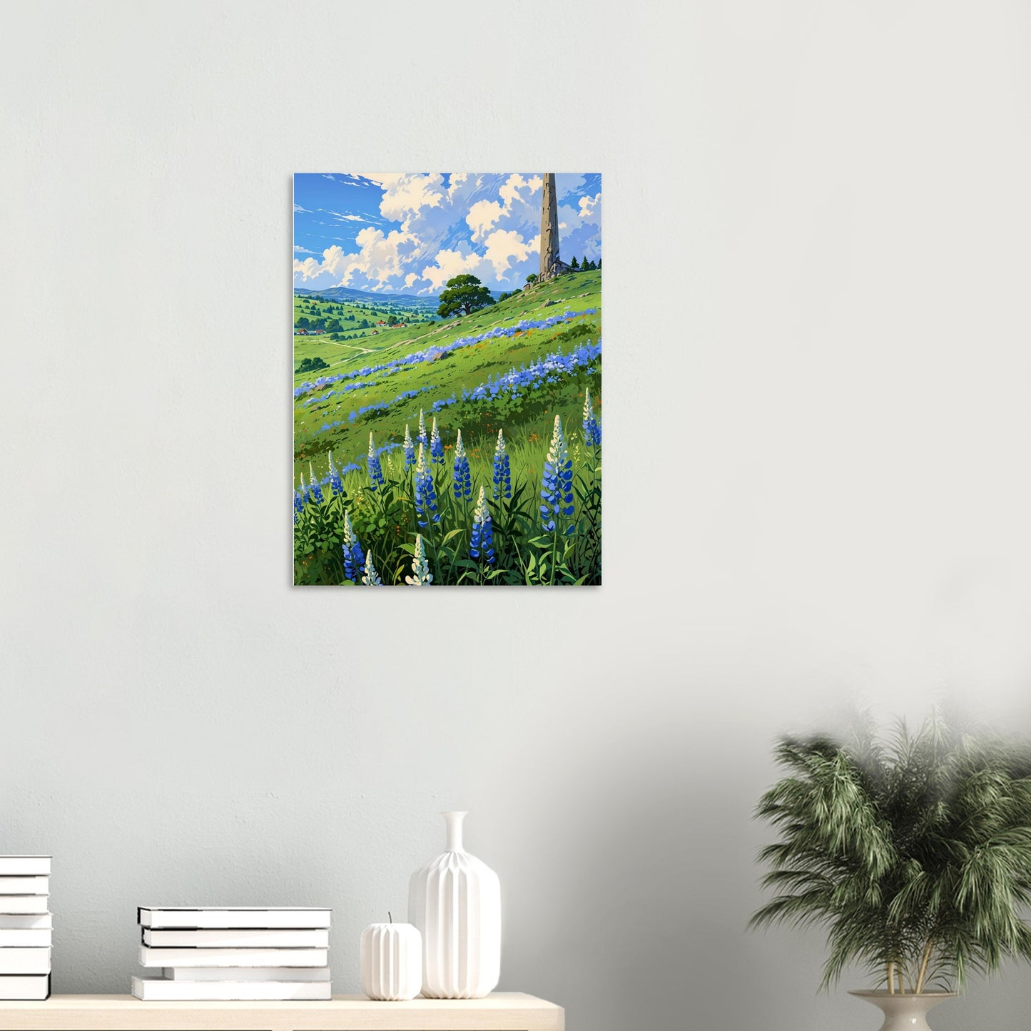 Affiche illustrée Champ de lupin bleu et violet — poster rétro, impression beaux-arts 250g