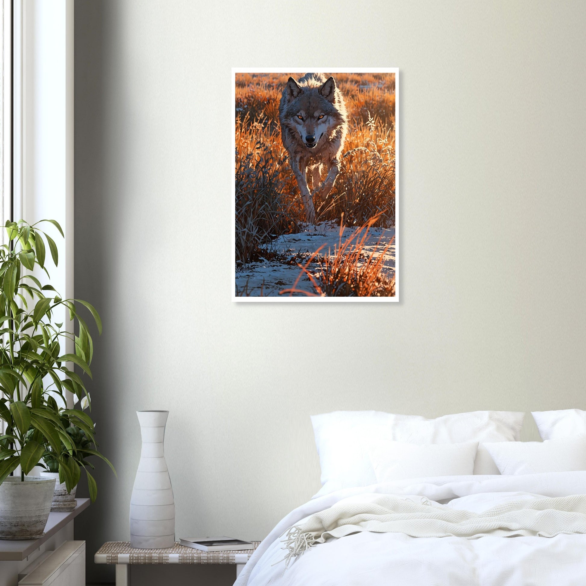 Louve, Champ de givre, Aube orange en mouvement – affiche d'art décoratif, poster mural | Muchimura