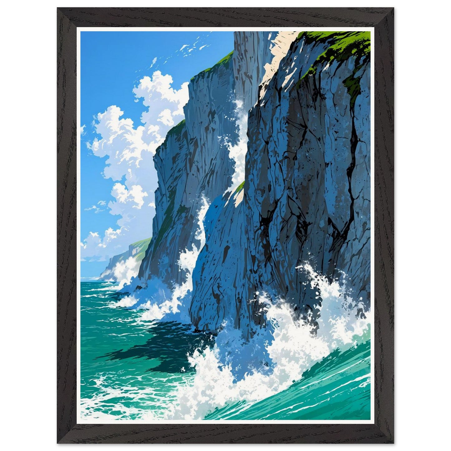 Affiche illustrée Falaises de craie blanche Encadrée — poster rétro, impression beaux-arts 250g