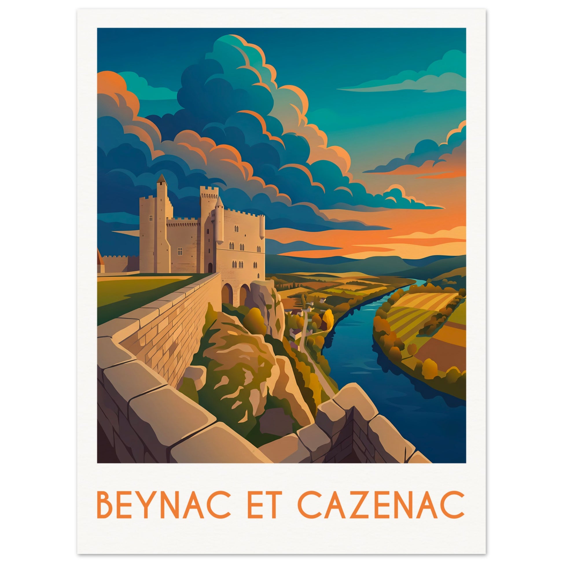 Affiche illustrée Beynac et Cazenac, poster rétro, impression beaux-arts 250g