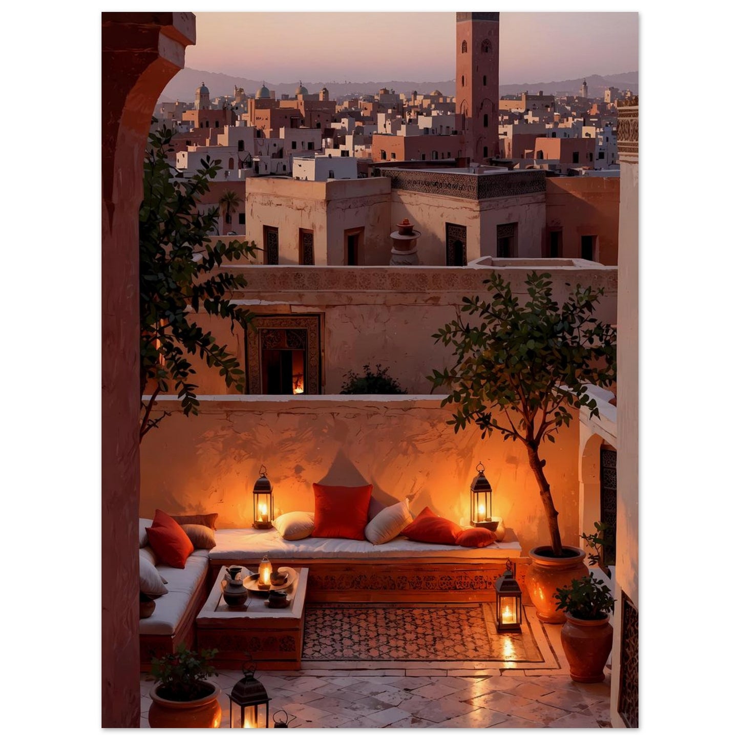 Affiche illustrée Terrasse de riad — poster rétro, impression beaux-arts 250g