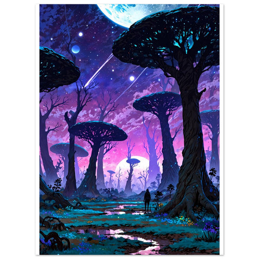 Planète anneau, Vue depuis une forêt alien, Ciel extraterrestre – affiche d'art décoratif, poster mural | Muchimura