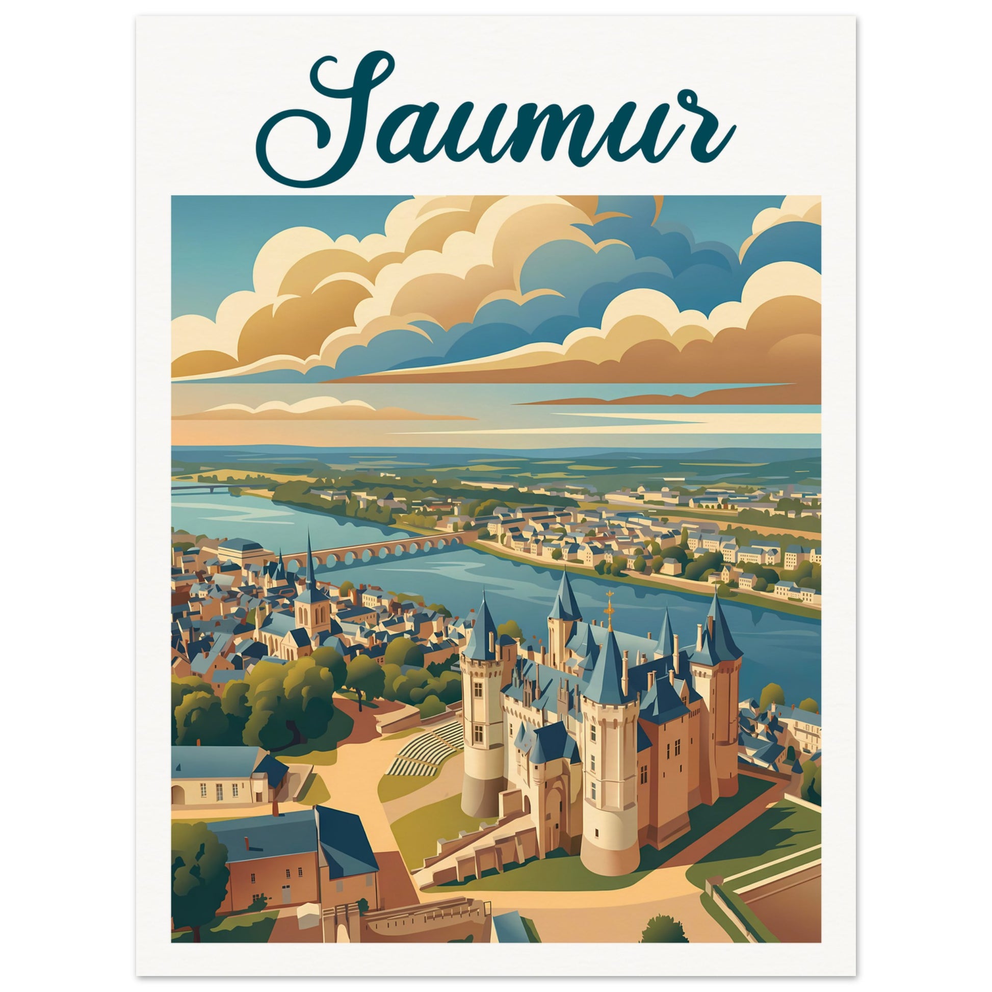 Affiche illustrée Saumur, poster rétro, impression beaux-arts 250g
