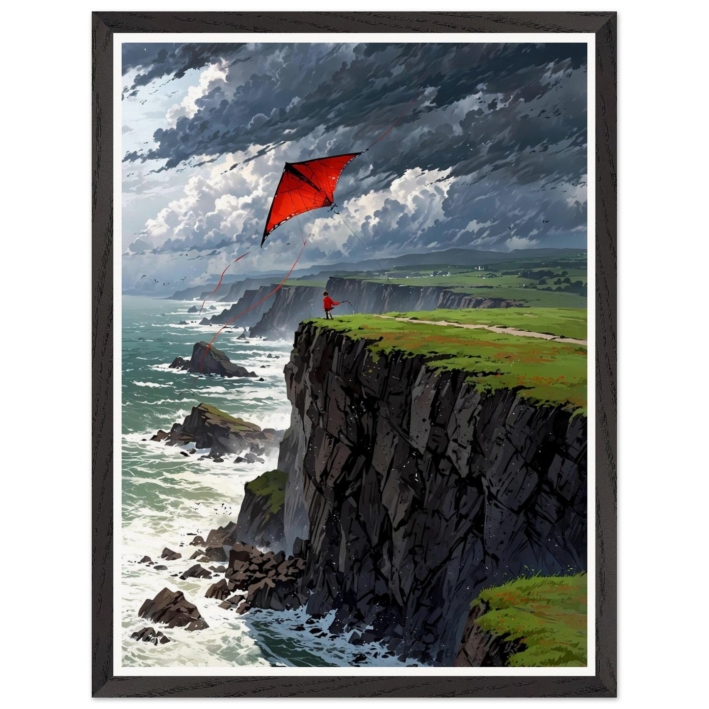 Affiche illustrée Enfant et cerf-volant Encadrée — poster rétro, impression beaux-arts 250g