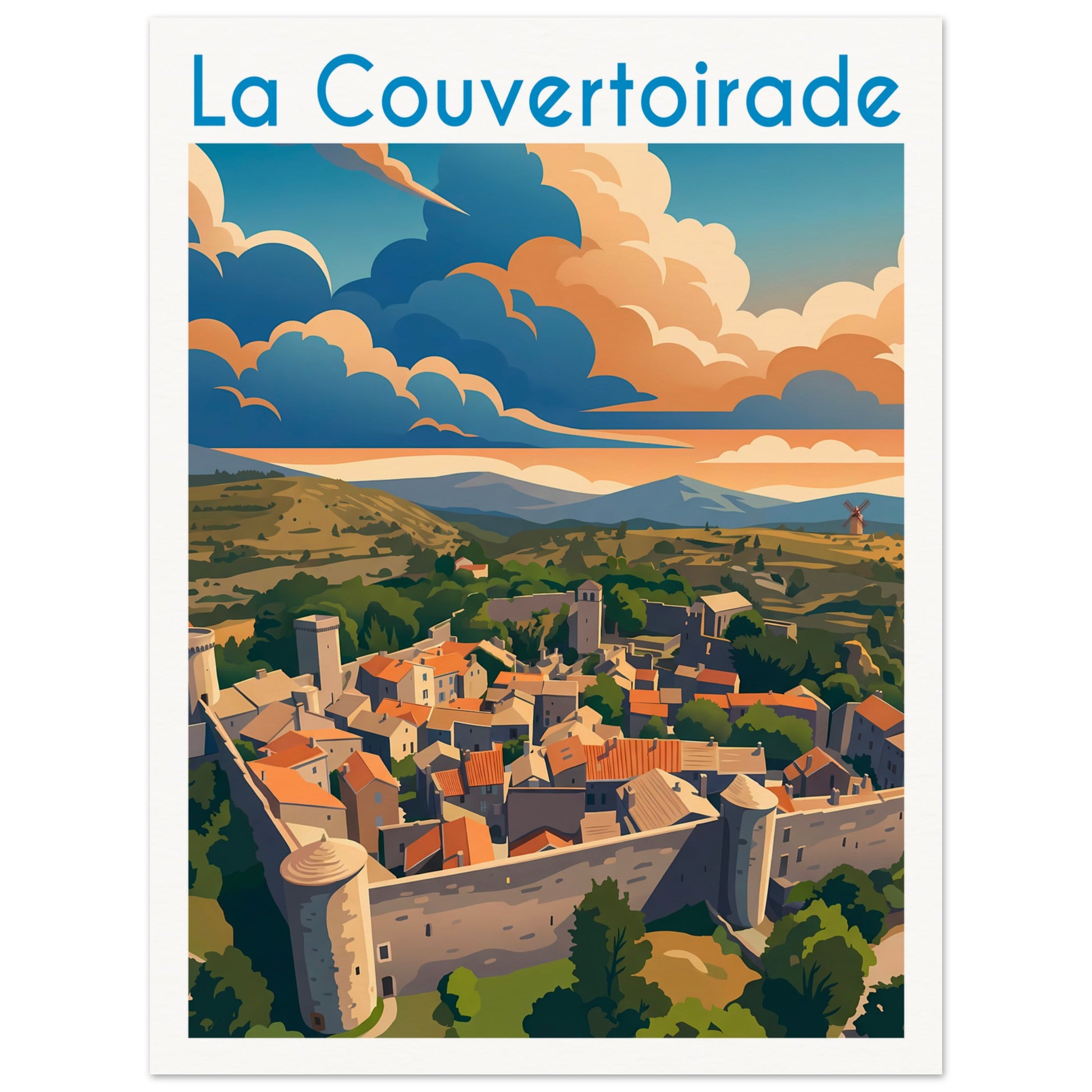 Affiche illustrée La Couvertoirade, poster rétro, impression beaux-arts 250g