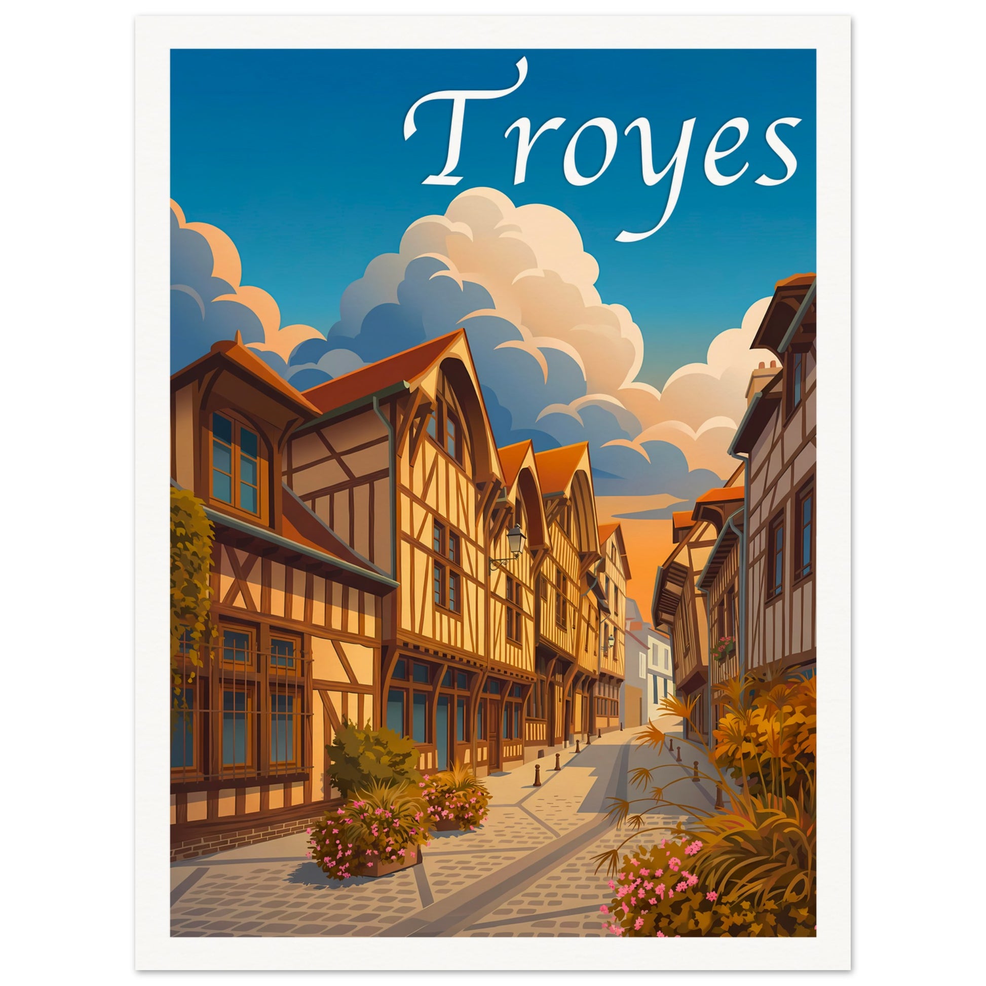 Affiche illustrée Troyes, poster rétro, impression beaux-arts 250g