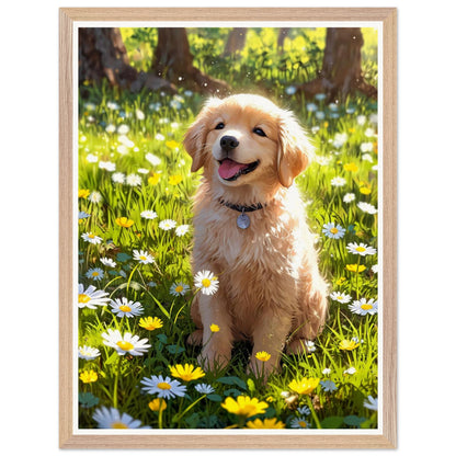 Affiche illustrée Golden retriever chiot Encadrée — poster rétro, impression beaux-arts 250g