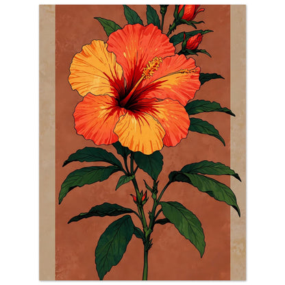 Affiche illustrée Hibiscus rouge tropical — poster rétro, impression beaux-arts 250g