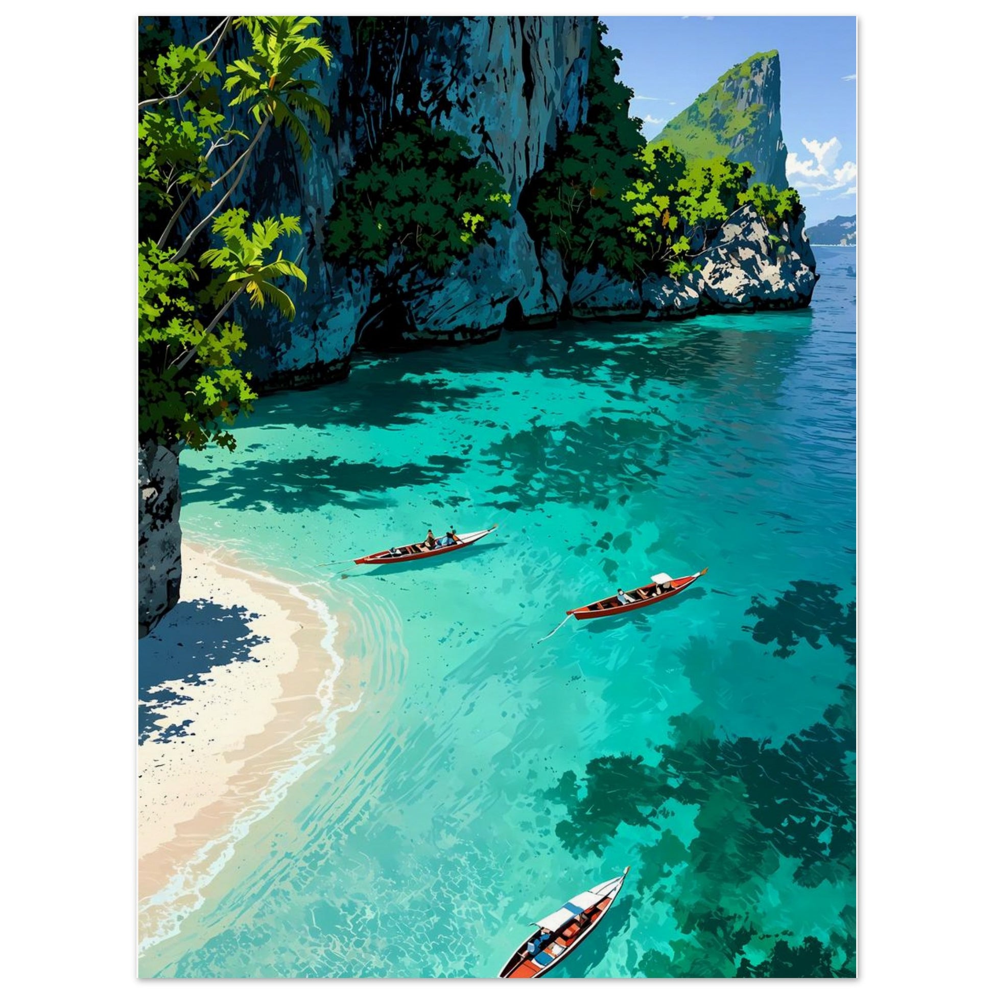 Affiche illustrée Crique de Phi Phi, poster rétro, impression beaux-arts 250g