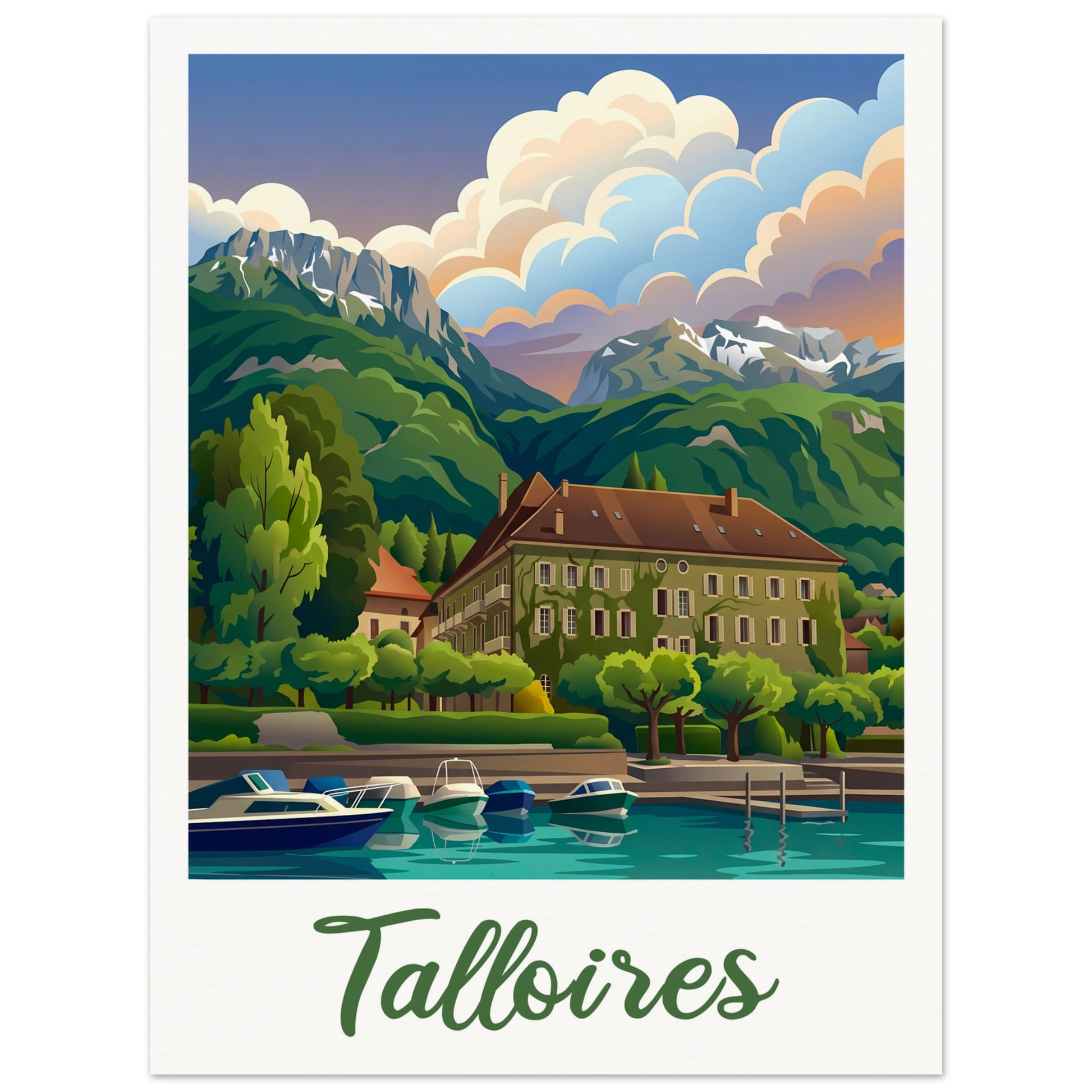Affiche illustrée Talloires, poster rétro, impression beaux-arts 250g