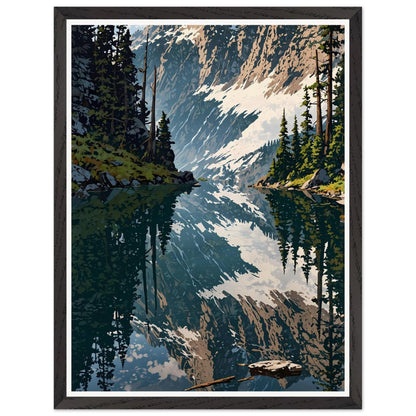 Affiche illustrée Forêt de pins et lac de montagne Encadrée — poster rétro, impression beaux-arts 250g
