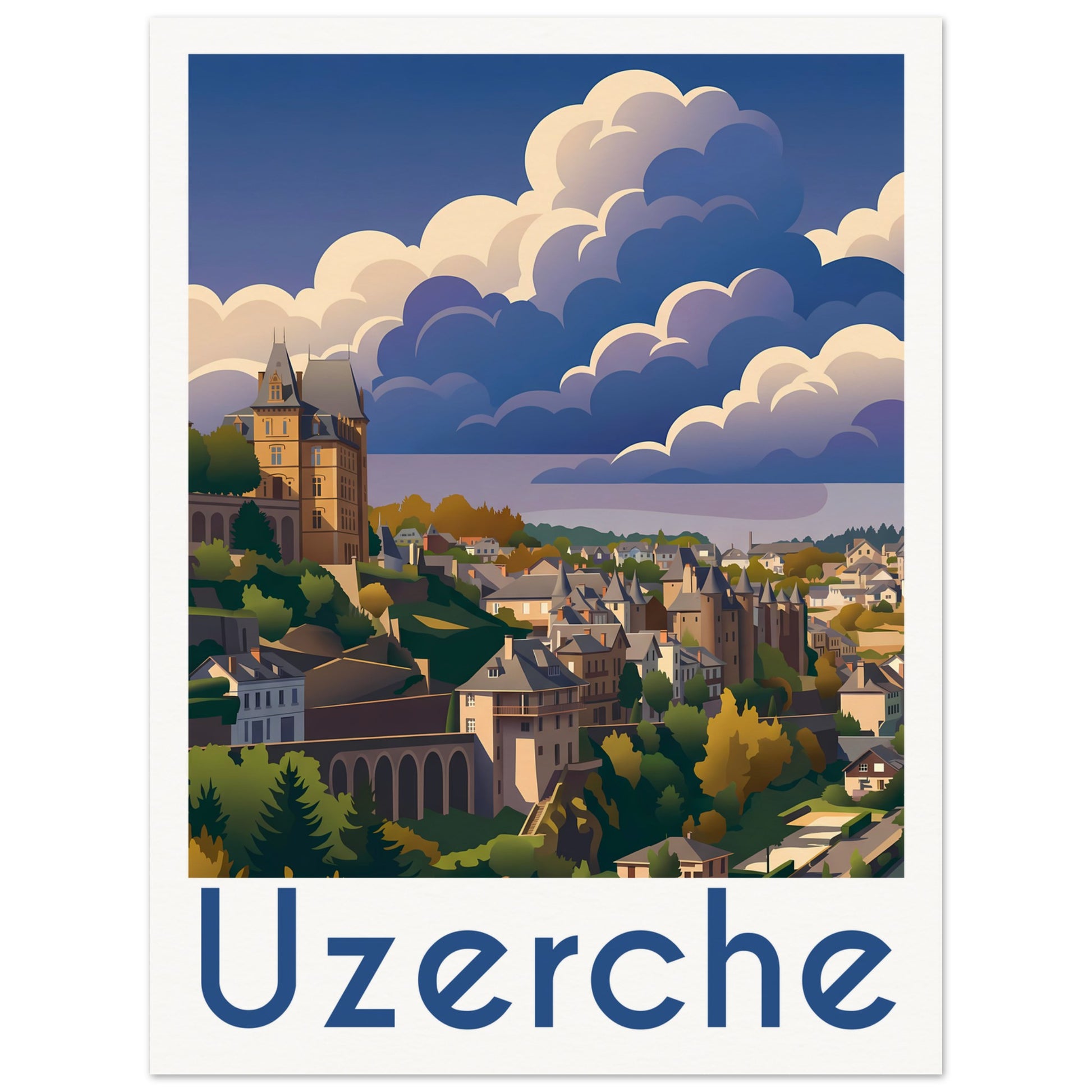 Affiche illustrée Uzerche, poster rétro, impression beaux-arts 250g