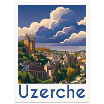 Affiche illustrée Uzerche — poster rétro, impression beaux-arts 250g
