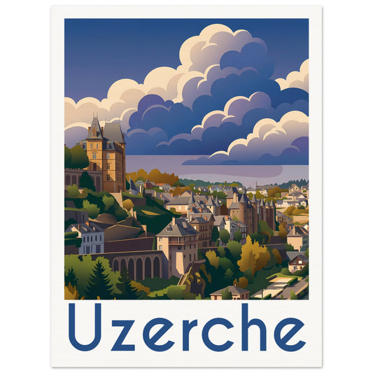 Affiche illustrée Uzerche — poster rétro, impression beaux-arts 250g