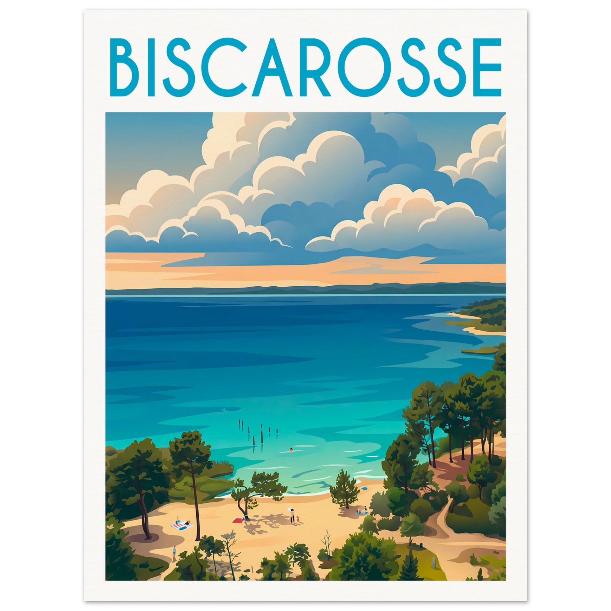 Affiche illustrée Biscarrosse, poster rétro, impression beaux-arts 250g