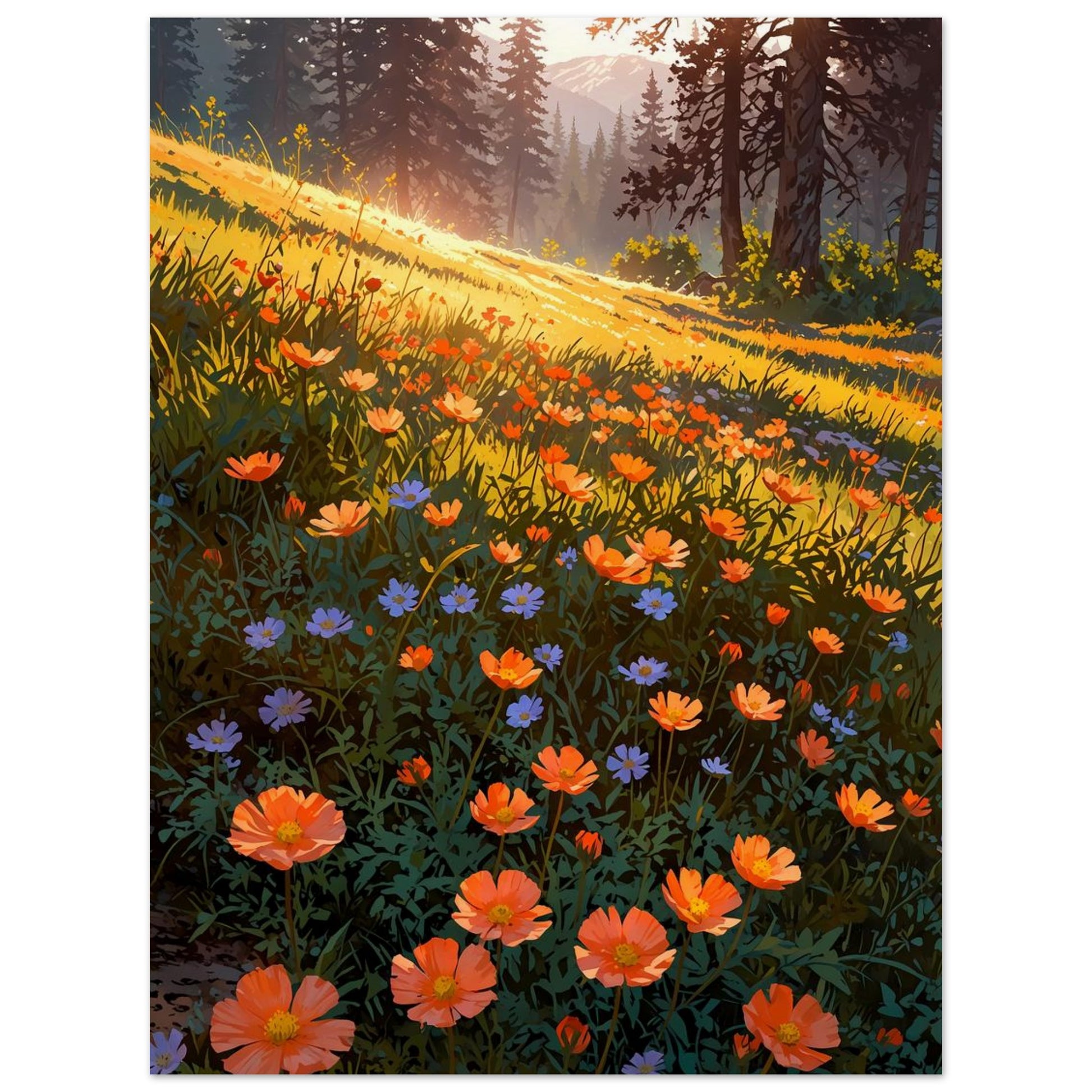 Affiche illustrée Prairie de renoncules orangées — poster rétro, impression beaux-arts 250g