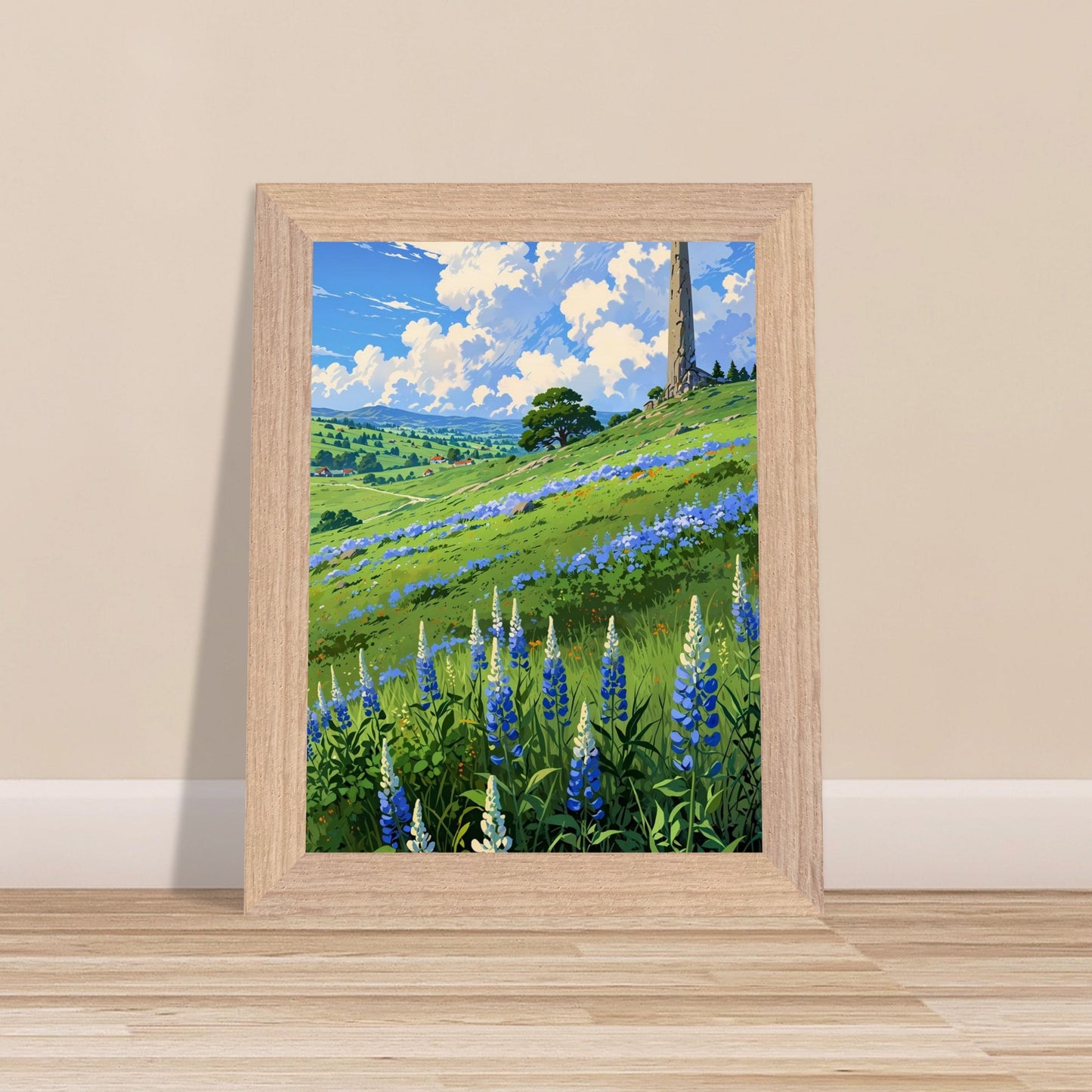 Affiche Champ de Lupin Bleu et Violet encadrée, cadre bois