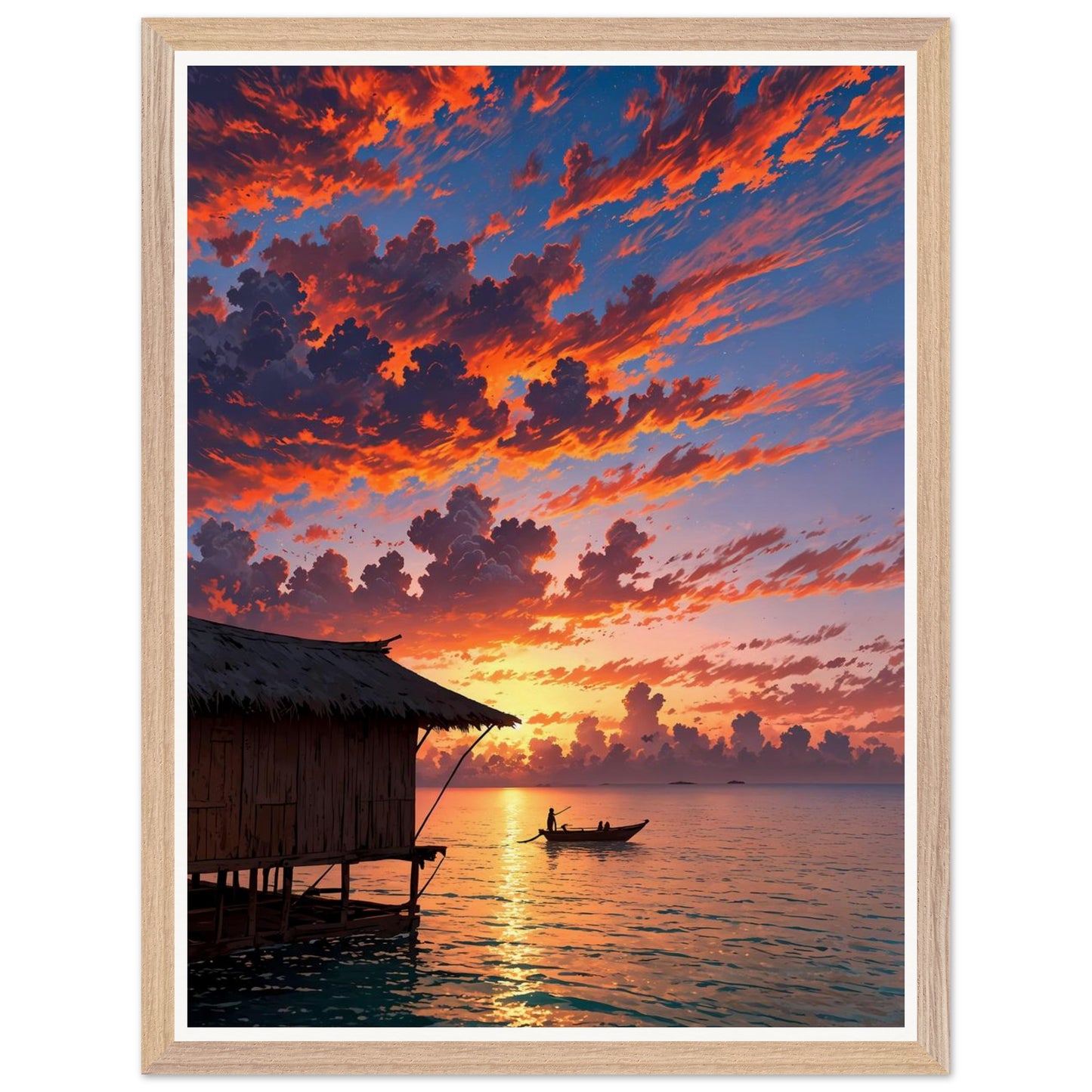 Affiche illustrée Plage de Maldives Encadrée — poster rétro, impression beaux-arts 250g