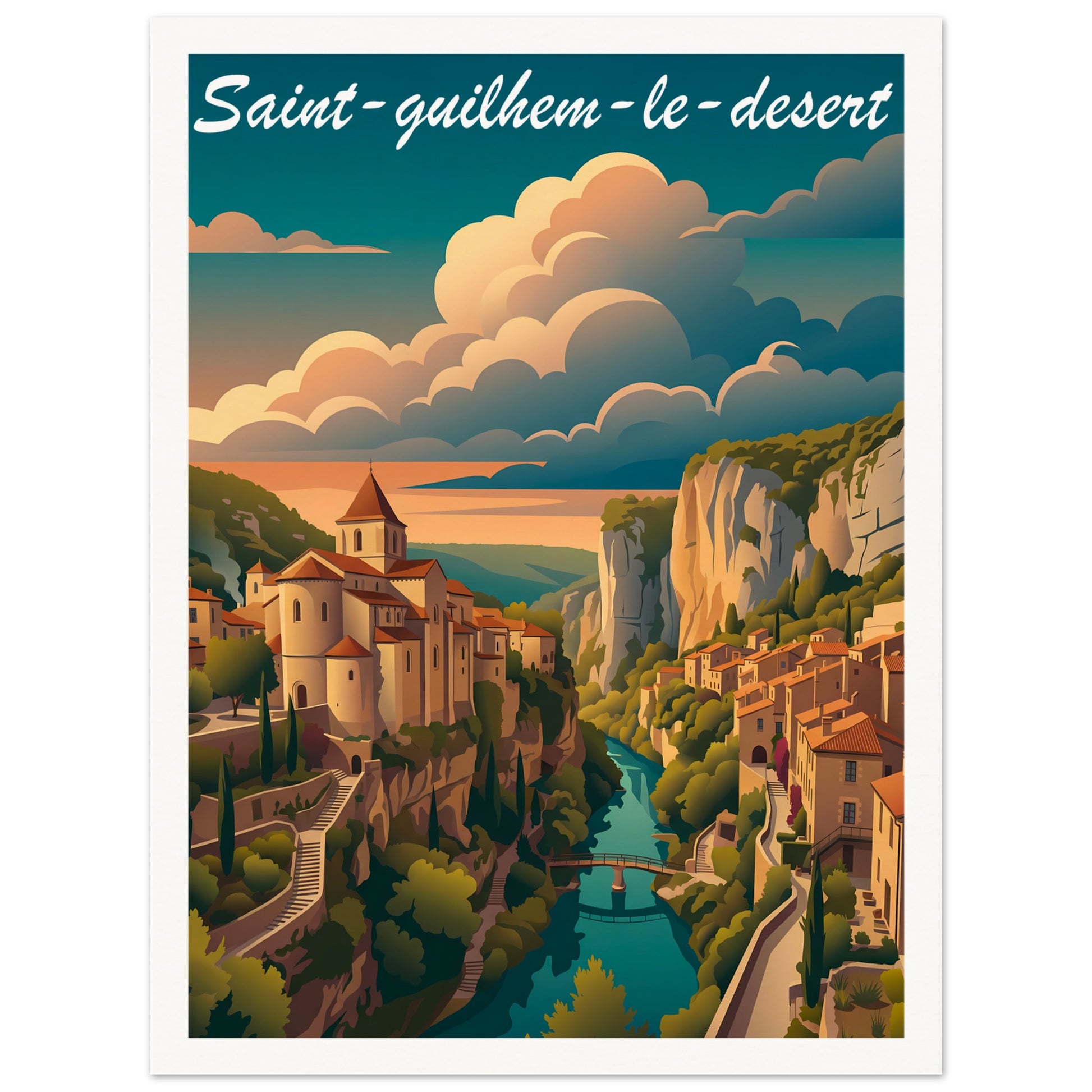 Affiche illustrée Saint-Guilhem-le-Desert, poster rétro, impression beaux-arts 250g