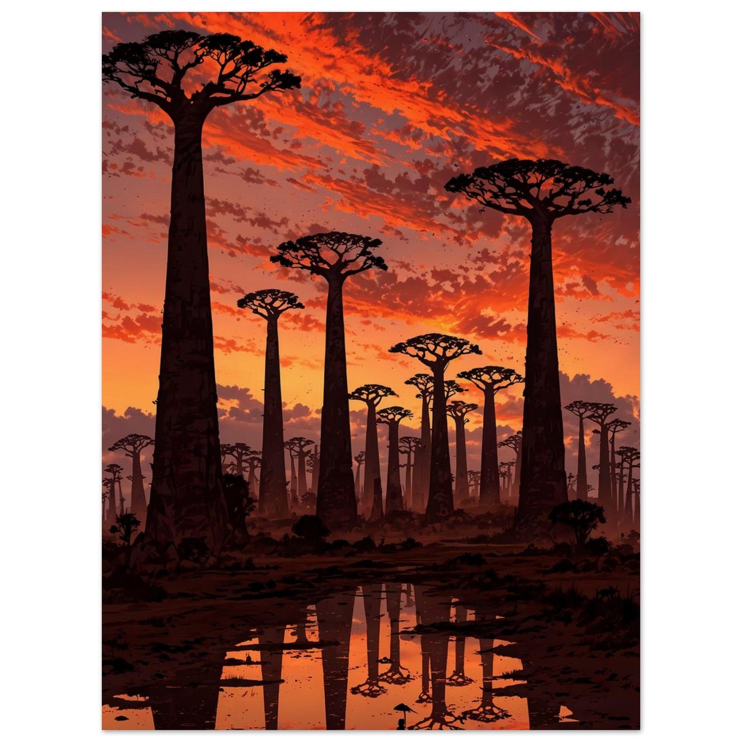 Affiche illustrée Baobabs au coucher du soleil — poster rétro, impression beaux-arts 250g