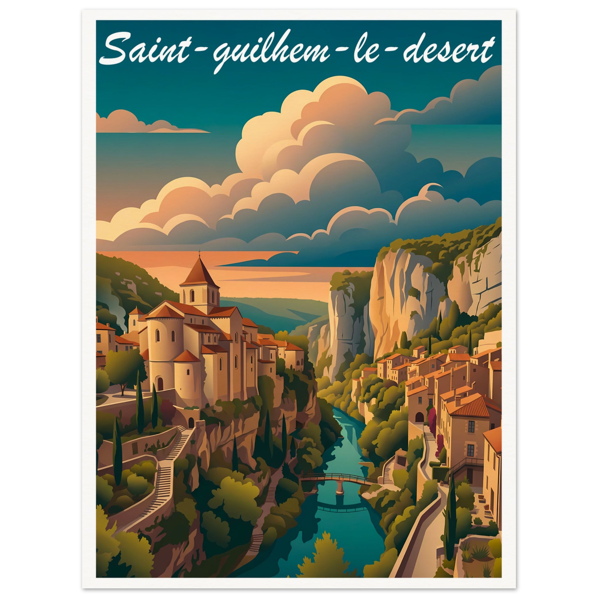 Affiche illustrée Saint-Guilhem-le-Desert — poster rétro, impression beaux-arts 250g