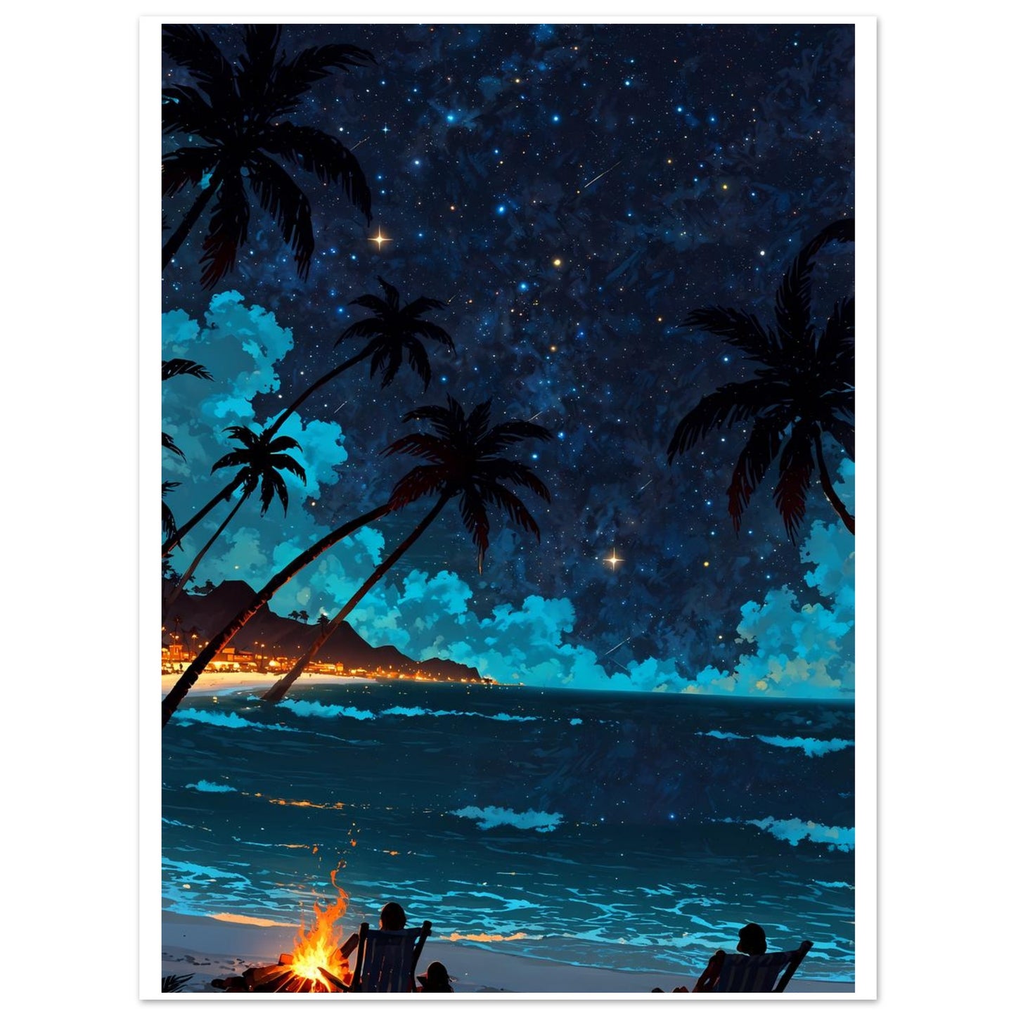 Plage de nuit, Feu de camp, Ciel tropical étoilé – affiche d'art décoratif, poster mural | Muchimura