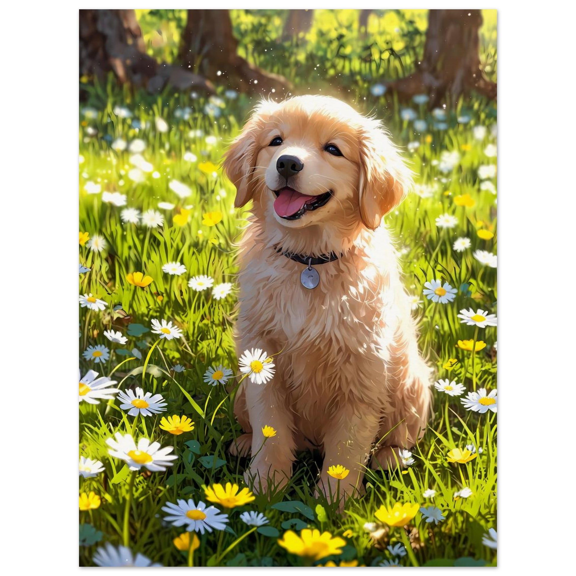 Affiche illustrée Golden retriever chiot — poster rétro, impression beaux-arts 250g