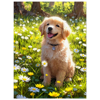Affiche illustrée Golden retriever chiot — poster rétro, impression beaux-arts 250g