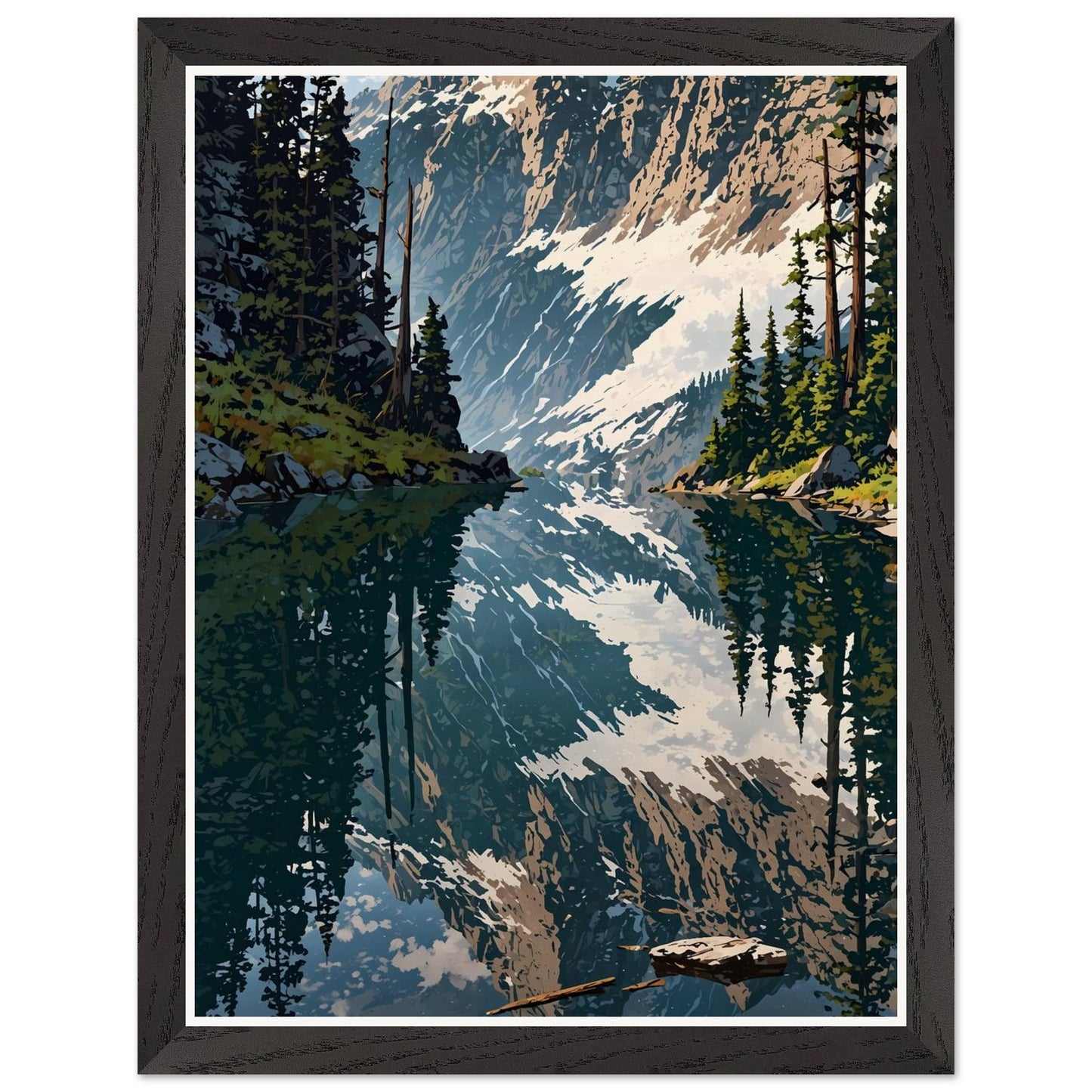 Affiche illustrée Forêt de pins et lac de montagne Encadrée — poster rétro, impression beaux-arts 250g