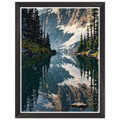 Affiche illustrée Forêt de pins et lac de montagne Encadrée — poster rétro, impression beaux-arts 250g