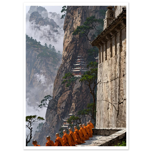 Moines en méditation, Temple dans la montagne, Brume matinale – affiche d'art décoratif, poster mural | Muchimura