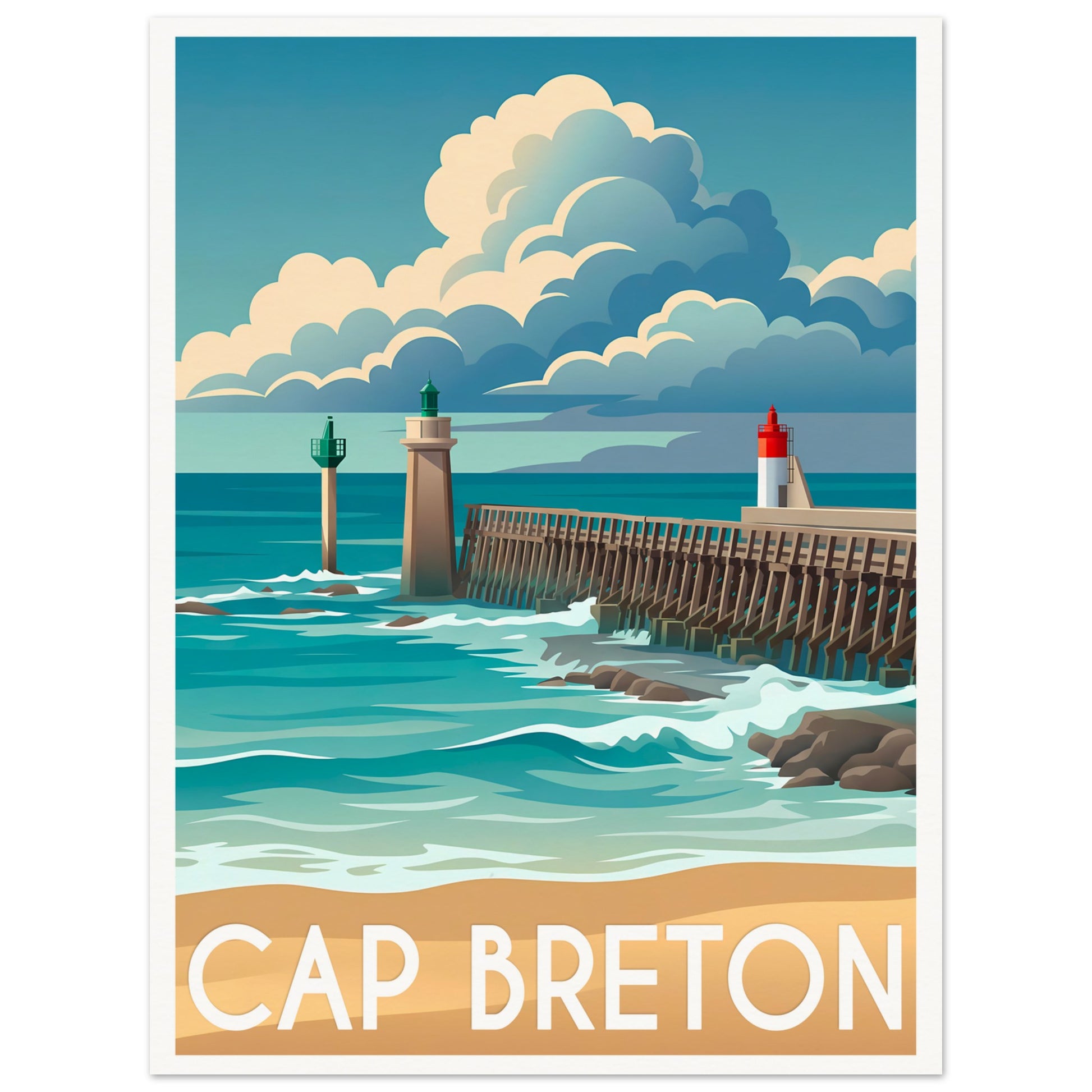 Affiche illustrée Cap Breton — poster rétro, impression beaux-arts 250g
