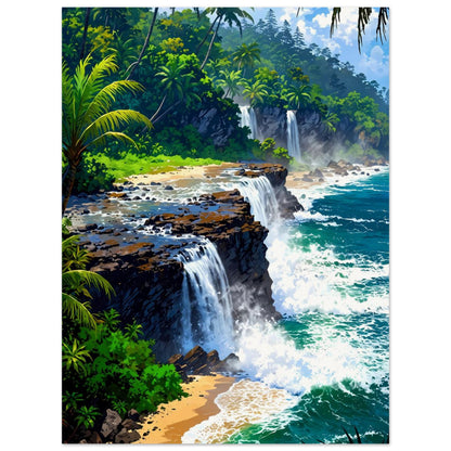 Affiche illustrée Cascade vers mer — poster rétro, impression beaux-arts 250g
