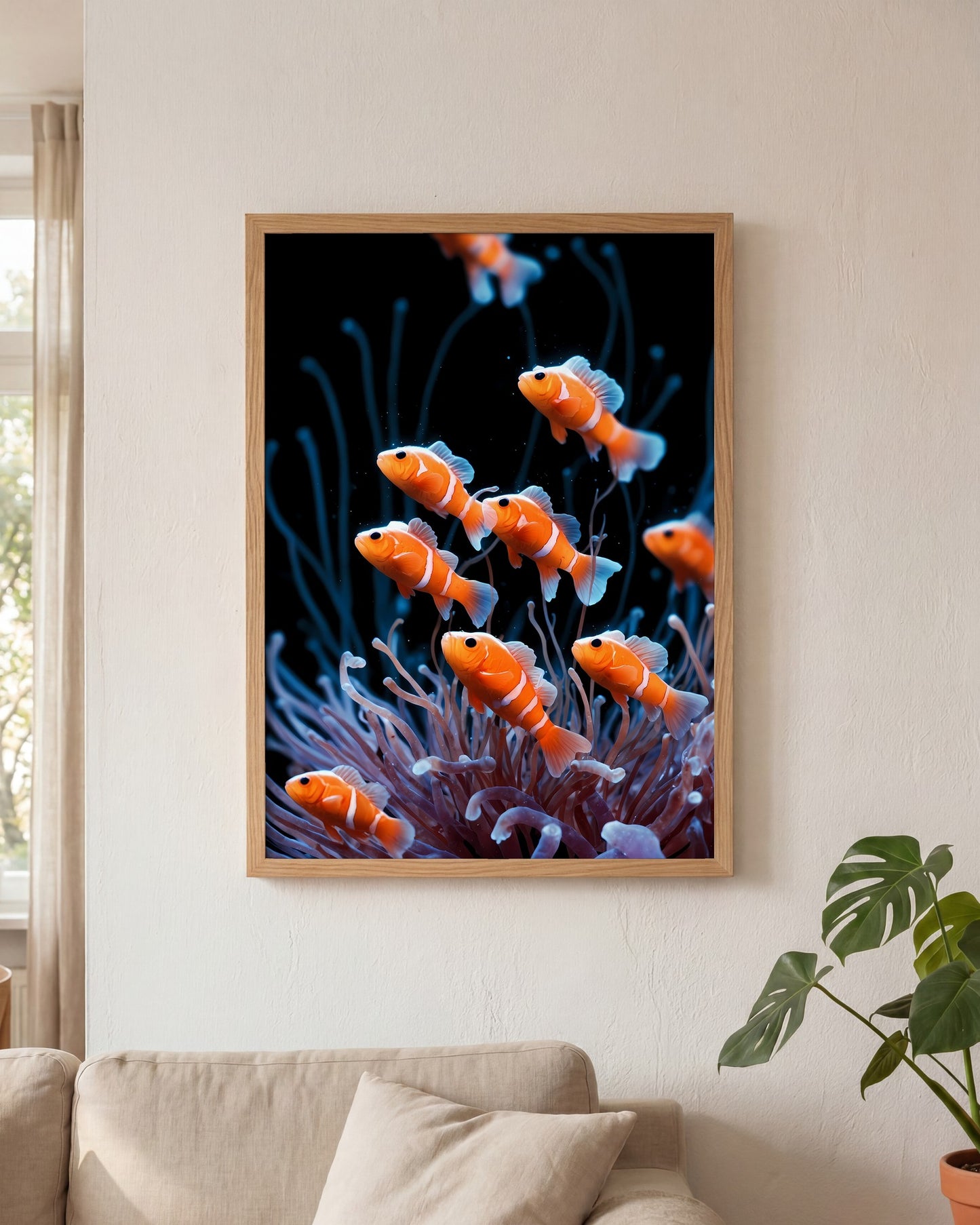 Affiche Anémones de mer Encadrée, mockup en situation dans un interieur, Muchimura