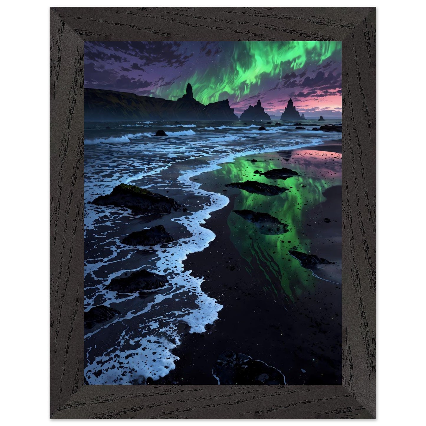 Affiche Aurore Boréale Verte Encadrée, cadre noir 15x20 cm