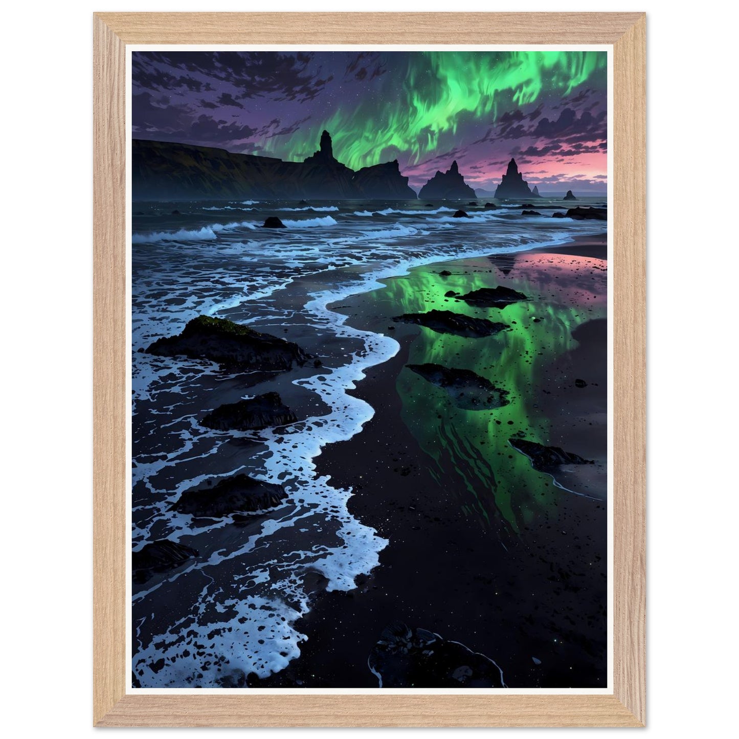 Affiche Aurore Boréale Verte Encadrée, cadre bois 30x40 cm