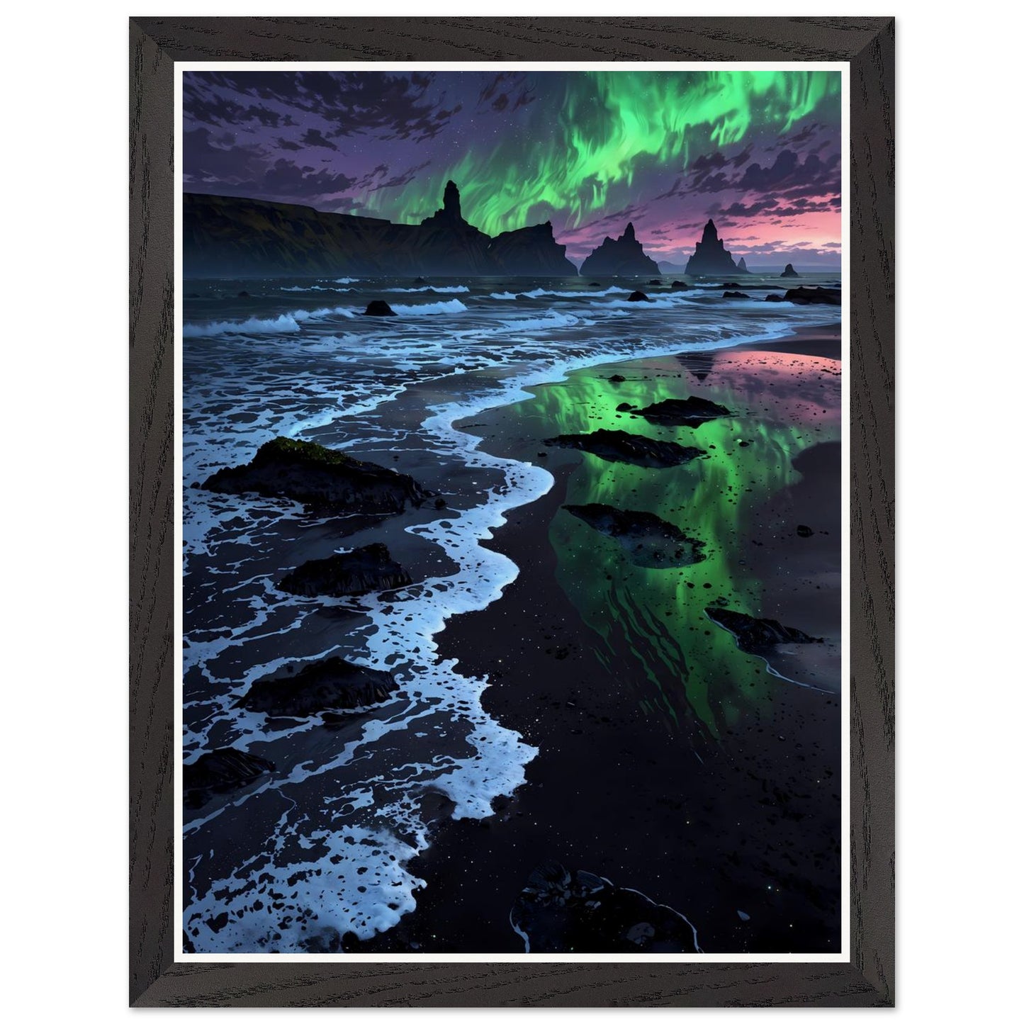 Affiche Aurore Boréale Verte Encadrée, cadre noir 30x40 cm