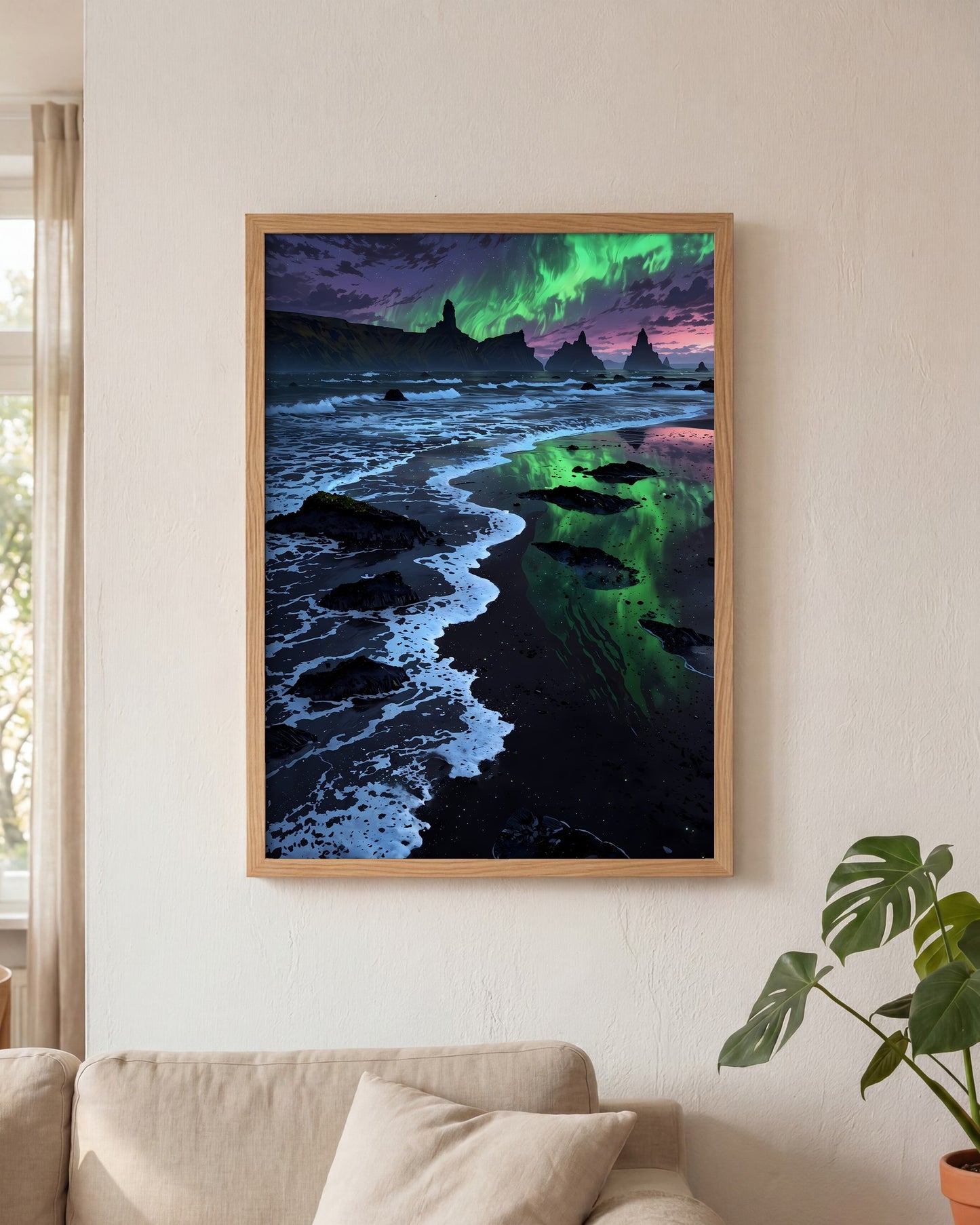 Affiche Aurore Boréale Verte Encadrée, mockup en situation dans un interieur, Muchimura