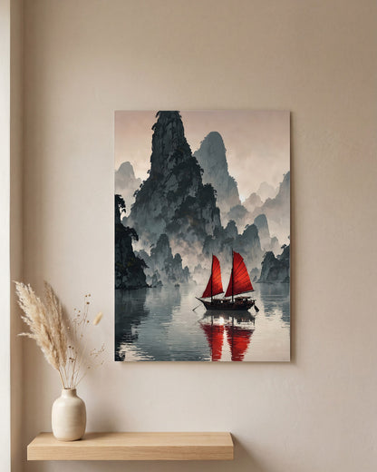 Affiche Baie de Ha Long, mockup sur un mur epure, Muchimura