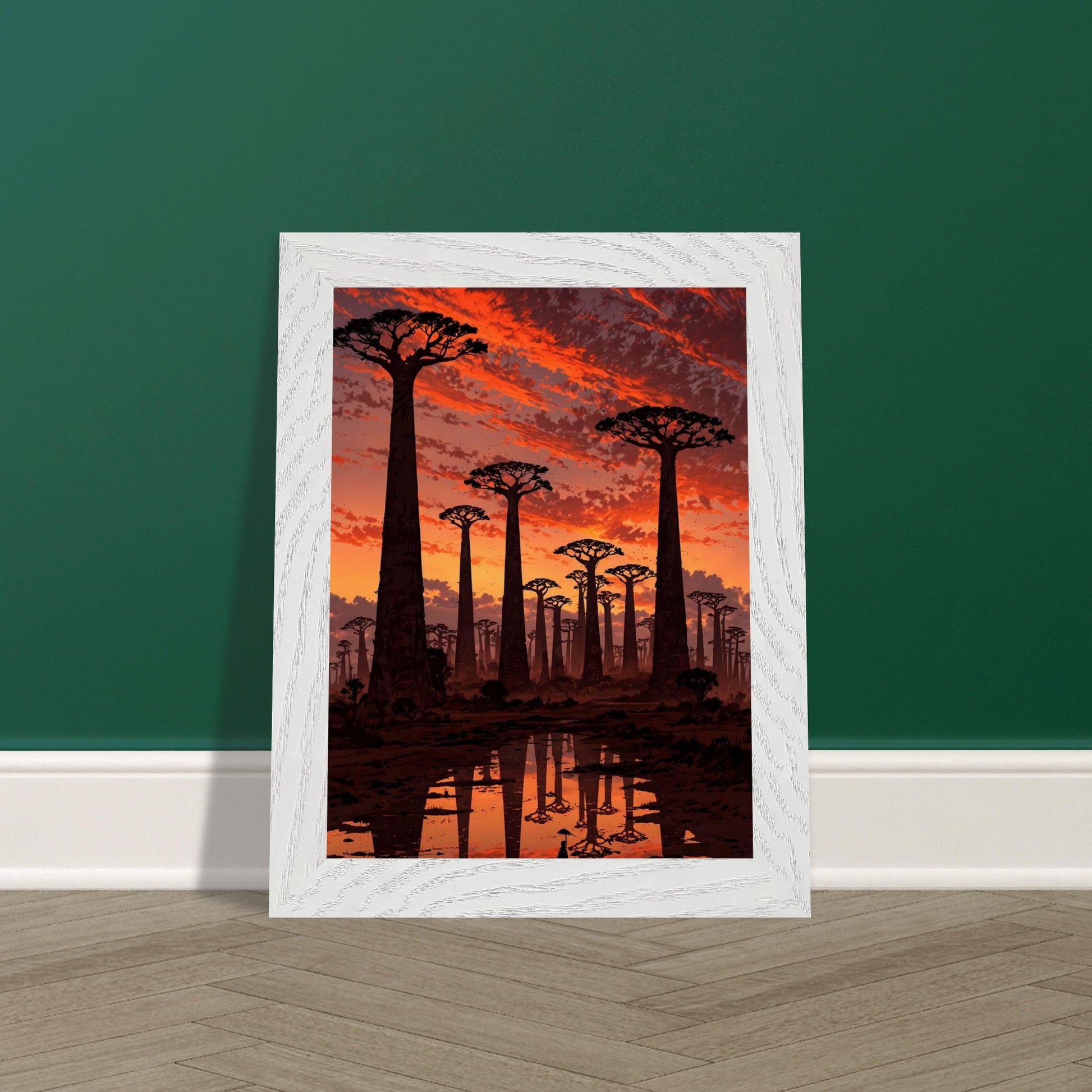 Affiche Baobabs au coucher du soleil Encadrée, cadre blanc 15x20 cm
